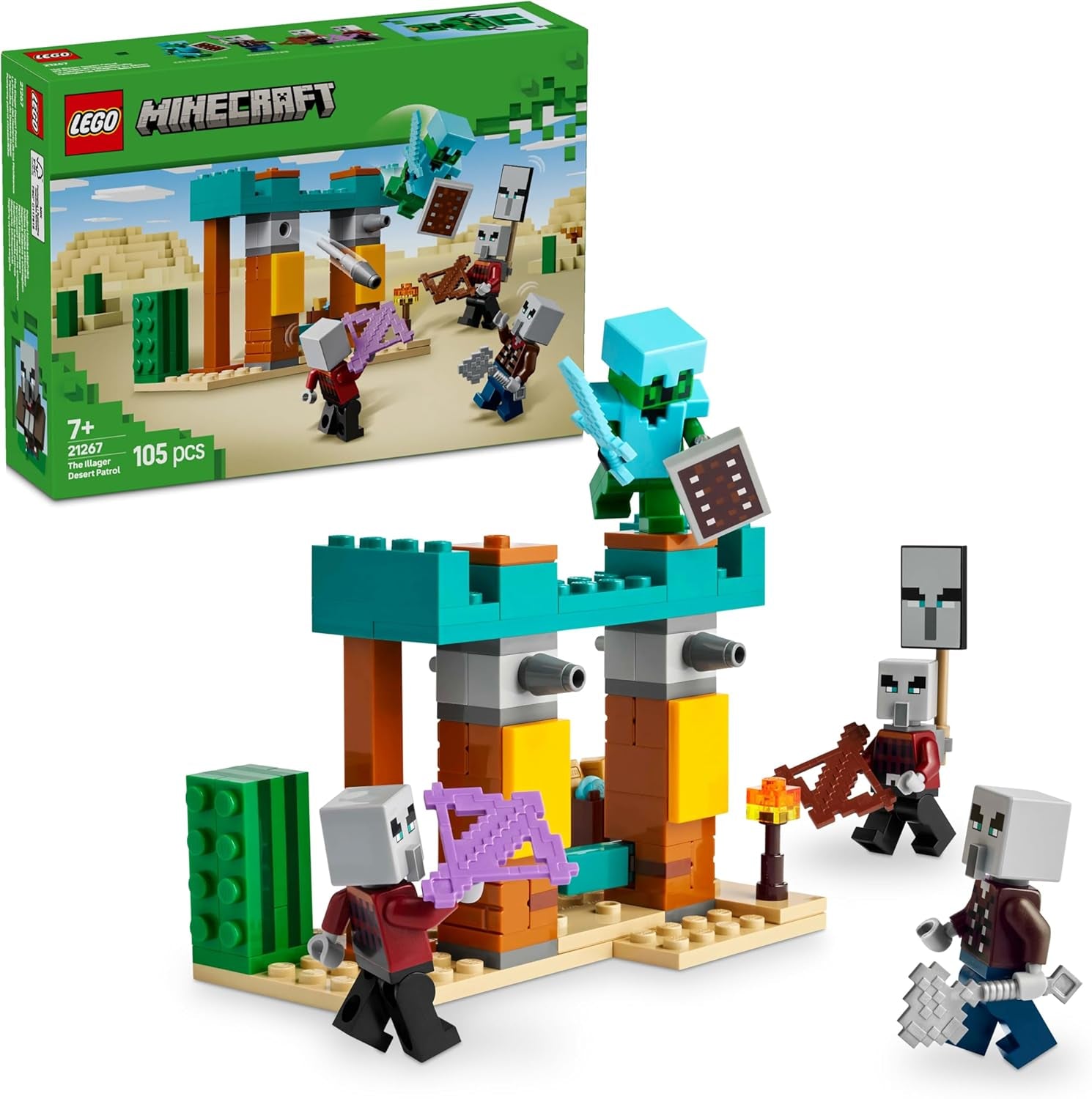 LEGO Minecraft Set videogioco The Illager Desert Patrol per bambini, mini giocattolo dell'avamposto e tre minifigure tra cui il saccheggiatore, il servo e il cavaliere dei cactus 21267 Set di costruzione Besuche den LEGO-Store Titolo predefinito