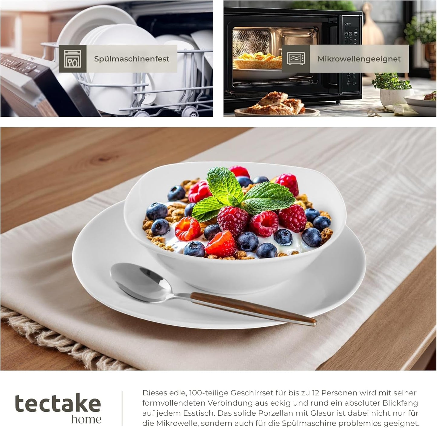 tectake® Servizio Piatti per 12 Persone, Servizio Piatti in Porcellana da 100 Pezzi, Compresi 12 Piatti, 12 Piatti Dessert, 12 Piatti Piani, 12 Tazze, 12 Ciotole per Cereali, Insalatiera, Lattiera, Zuccheriera