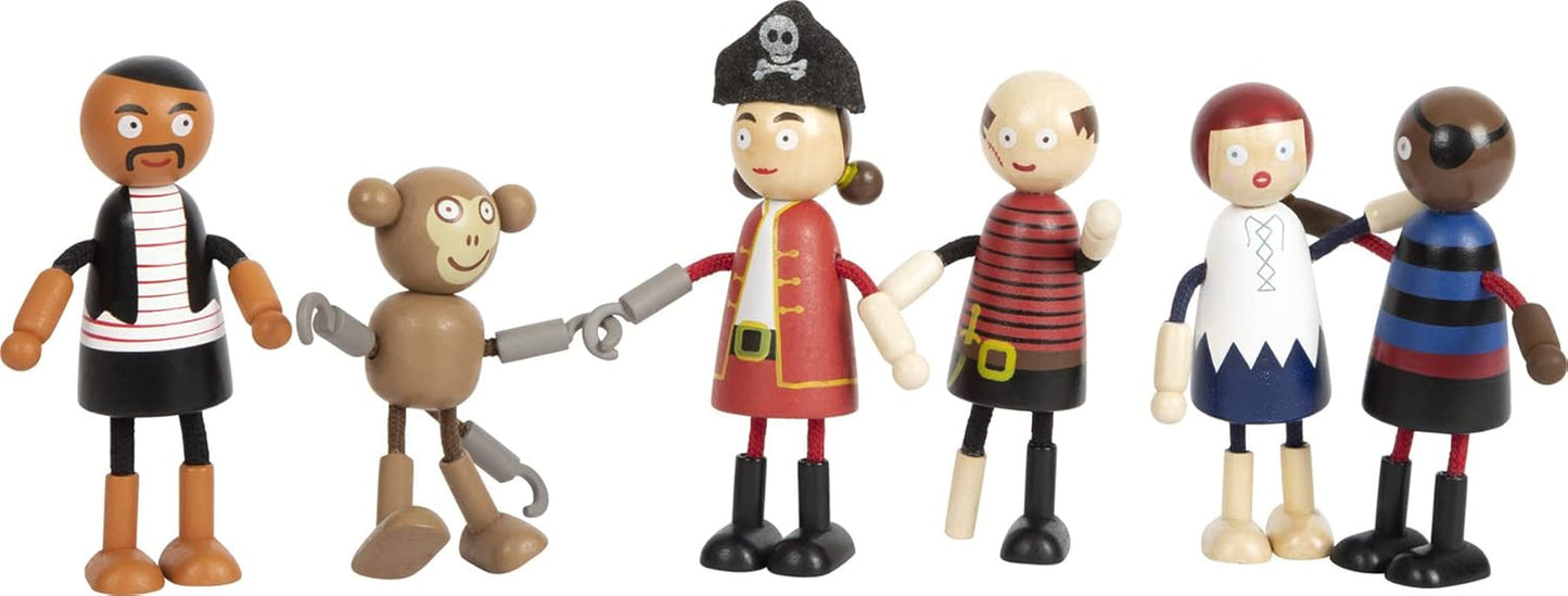 Bambole pirata in legno flessibili Small Foot, 5 pirati e 1 scimmia, dettagliate e flessibili, dai 3 anni in su, 12412