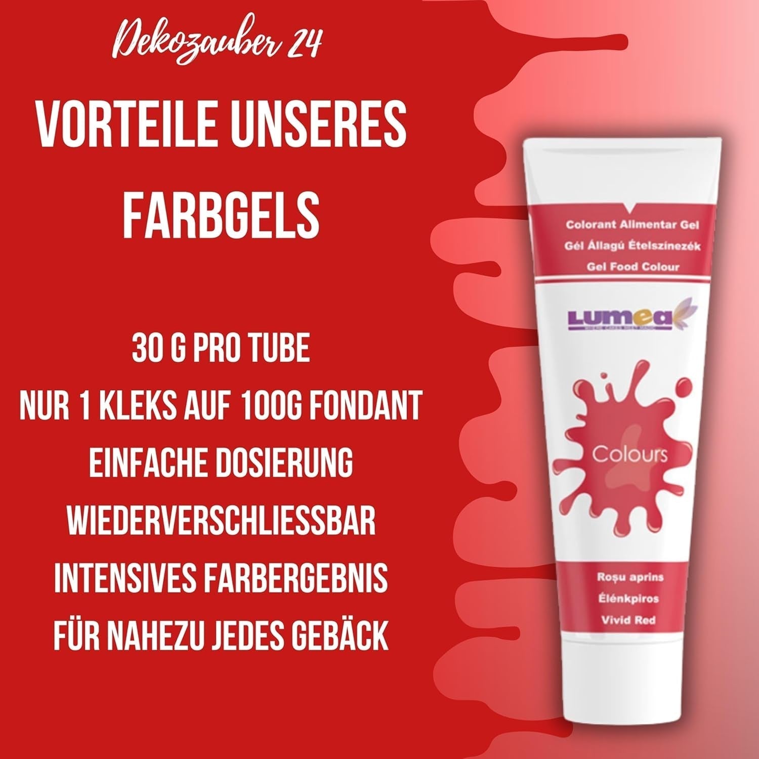 Dekozauber 24 coloranti alimentari rossi, gel, 30 g, vegani, senza zucchero, altamente concentrati, coloranti alimentari rossi per fondente, crema al burro, bevande e altro
