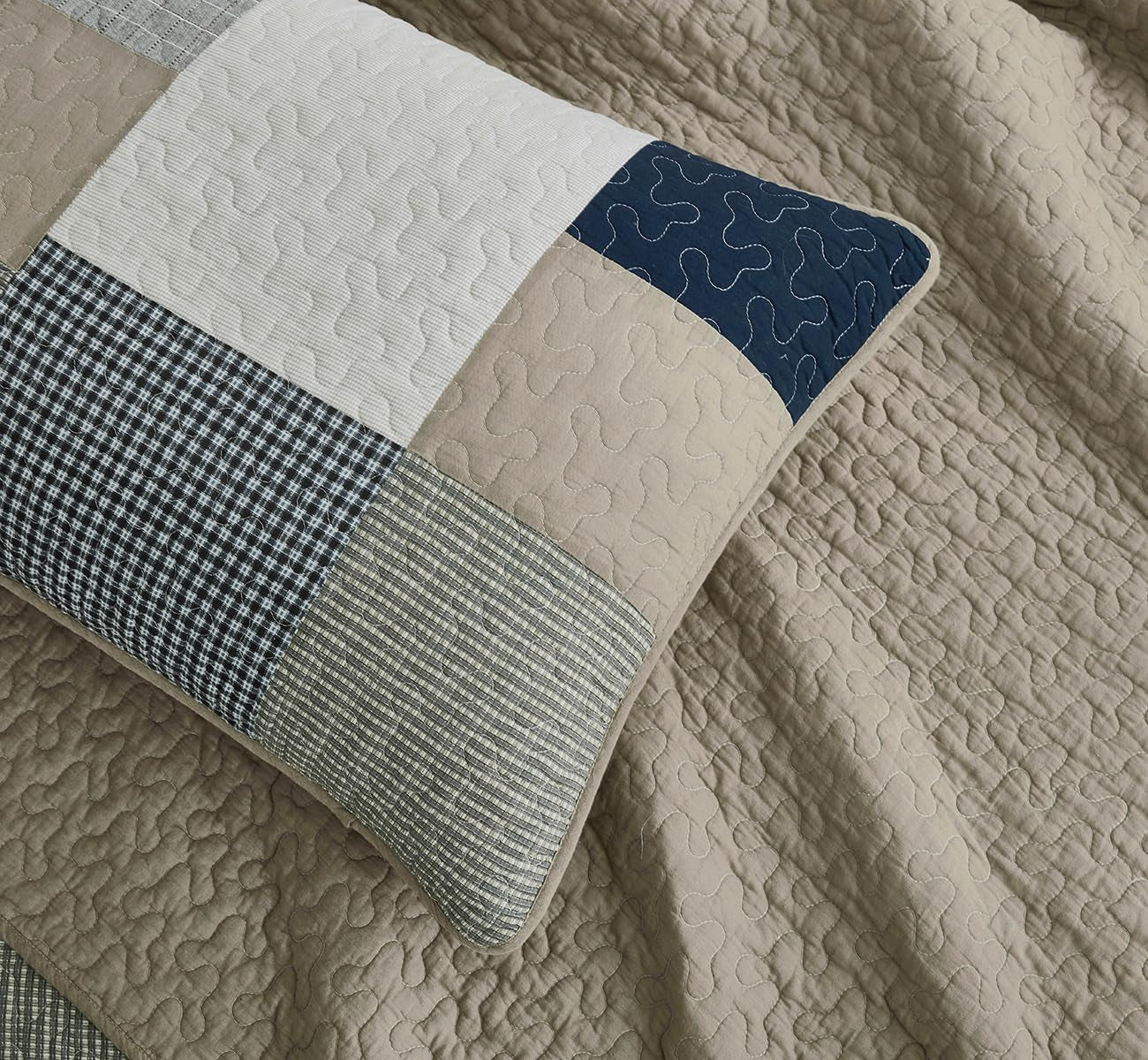 Collezione Chezmoi Addy Set trapunta patchwork Cotone prelavato Leggero Reversibile Per tutte le stagioni Oversize 3 pezzi Blu marino Bianco Grigio Talpa Trapunte e trapunte scozzesi Naty Shop
