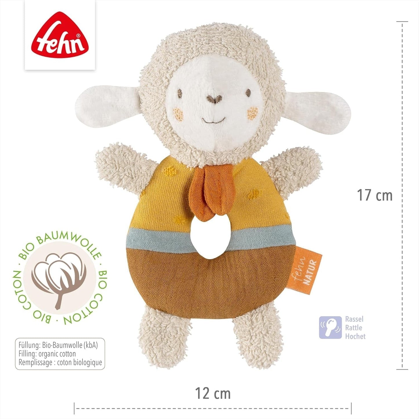 Fehn anello da presa per bebè pecora fehnNATUR - peluche con cotone biologico - giocattolo per bebè con campanello e gioco didattico - giocattolo da afferrare per neonati e bambini da 0+ mesi Baby Toys Naty Shop