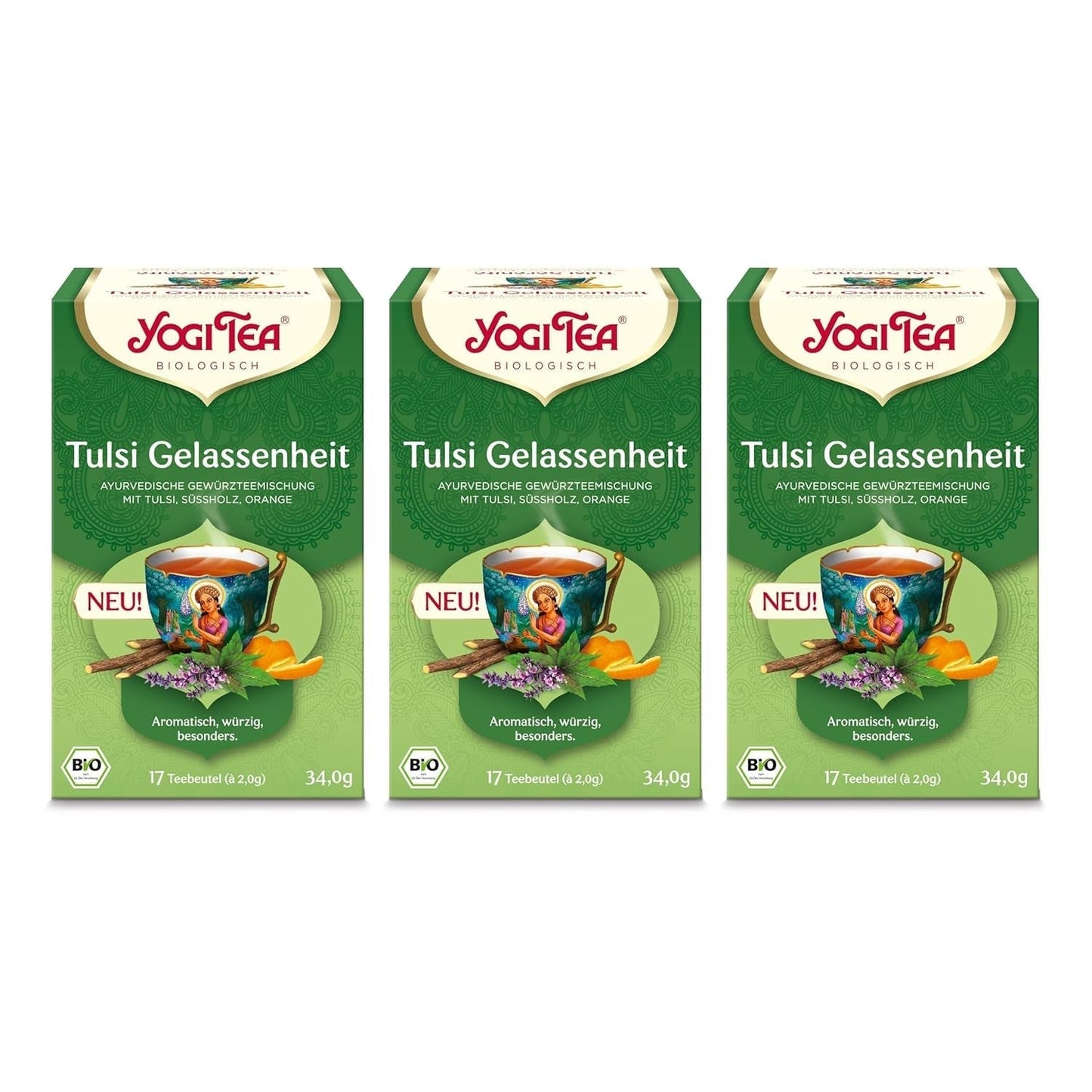 Yogi Tea - Tulsi Serenity Tè ayurvedico alle erbe biologico Senza caffeina Miscela Tulsi "Sacro" Basilico Liquirizia e Arancia Tè Yogi Confezione da 3 3x17 bustine di tè (51 bustine di tè)