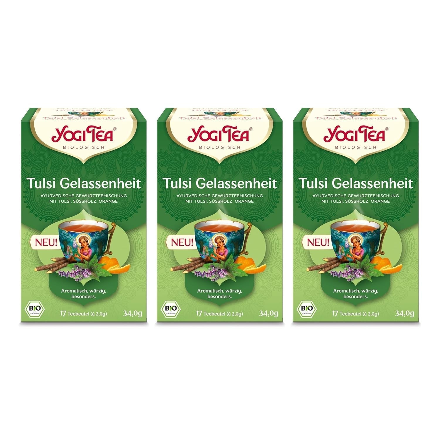 Yogi Tea - Tulsi Serenity Tè ayurvedico alle erbe biologico Senza caffeina Miscela Tulsi "Sacro" Basilico Liquirizia e Arancia Tè Yogi Confezione da 3 3x17 bustine di tè (51 bustine di tè)