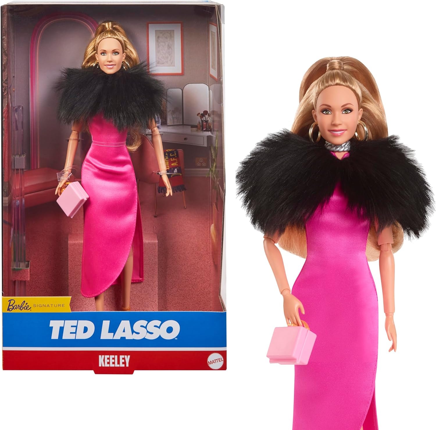 BARBIE Keeley Jones - Bambola da collezione ispirata a Ted Lasso, abito midi in seta rosa shocking, tacchi alti dorati, mantello nero, orecchini a cerchio dorati, borsa rosa, per età 3+, HJW92