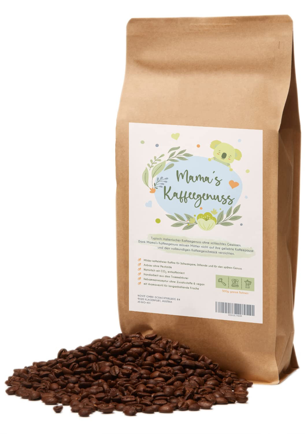 Mama's Coffee Pleasure®binky - Cremoso in grani di caffè espresso decaffeinato - decaffeinizzazione naturale con CO² - leggermente tostato a tamburo in Italia - ideale durante e dopo la gravidanza