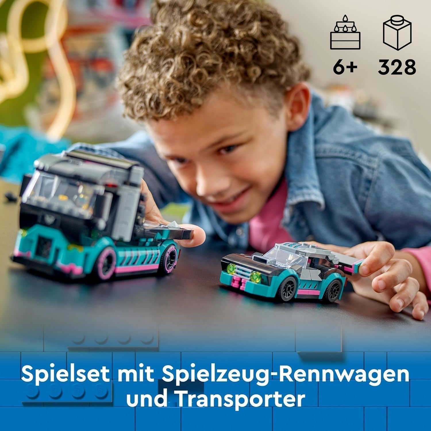 LEGO City Bisarca con auto da corsa, camion giocattolo con rampa di carico regolabile e auto da corsa, set da costruzione con 2 minifigure, pilota da corsa e camionista, per bambini dai 6 anni 60406 Set da costruzione Besuche den LEGO-Store