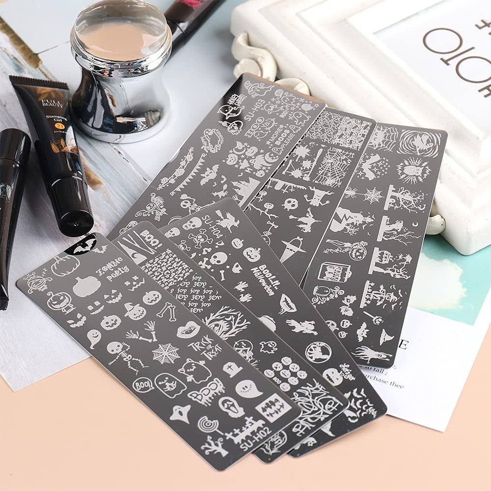 JMEOWIO Nail Stamping Stencil Halloween 6 pezzi Nagelstempel Stencil Nail Art Dekoration Nageldesign Zubehör Böse Gruselige Kürbis-Geisterhexe