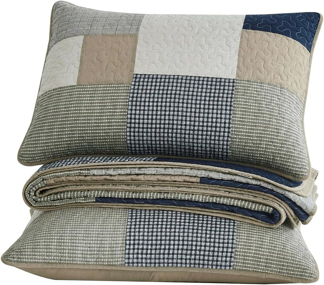 Collezione Chezmoi Addy Set trapunta patchwork Cotone prelavato Leggero Reversibile Per tutte le stagioni Oversize 3 pezzi Blu marino Bianco Grigio Talpa Trapunte e trapunte scozzesi Naty Shop