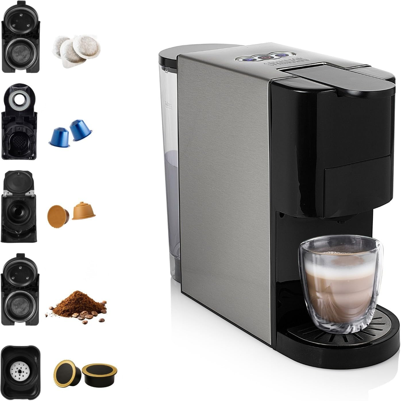 Macchina per caffè espresso multicapsula Princess 5 in 1 - Compatibile con Nespresso, Dolce Gusto, Lavazza a Modo Mio e cialde ESE, Capacità 0,8 L, 1450 W, Argento, Nero