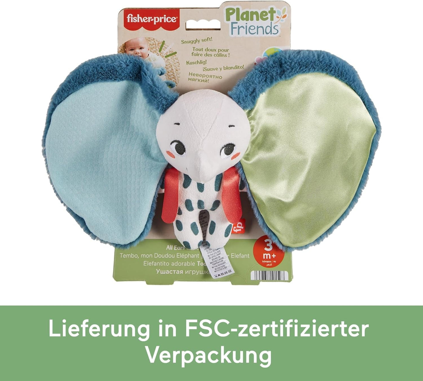 Elefante dalle orecchie giganti Fisher-Price - Adorabile peluche morbido con orecchie extra grandi, realizzato al 90% in plastica riciclata e imballaggio certificato FSC, per bambini dai 3 mesi in su, HKD63 Bebe Toys Naty Shop
