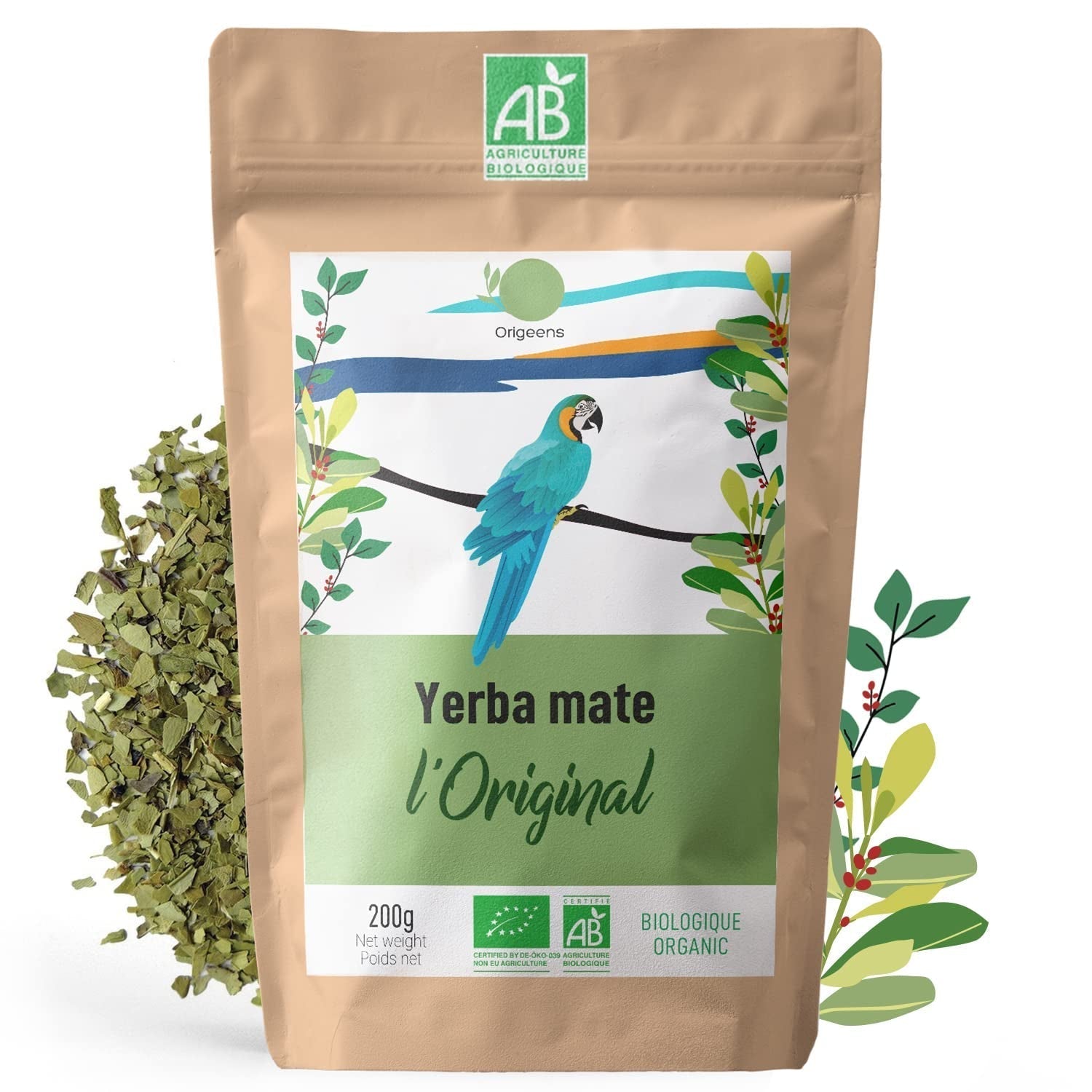 ORIGEENS BIO YERBA MATE TEA 200G - L'originale I Bio Yerba Mate non tostato, foglie, senza gambi, polvere e briciole I Bevanda energizzante e disintossicante
