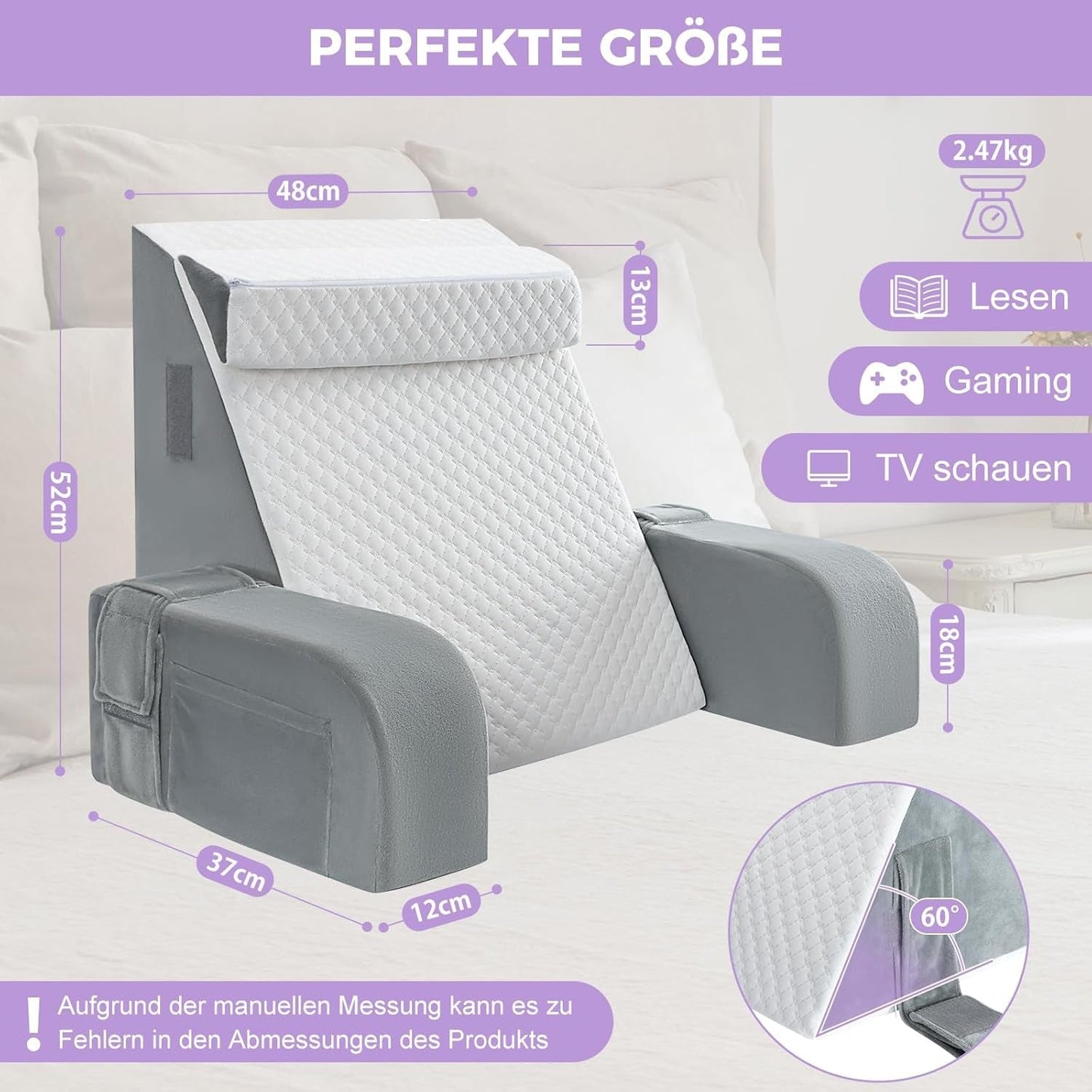 Grande cuscino da lettura con maniglia, schiuma ad alta densità, cuscino ergonomico per la schiena, braccioli, supporto per il collo e poggiatesta, cuscino del sedile reclinabile per dormire, giocare, guardare la TV, per letto e divano