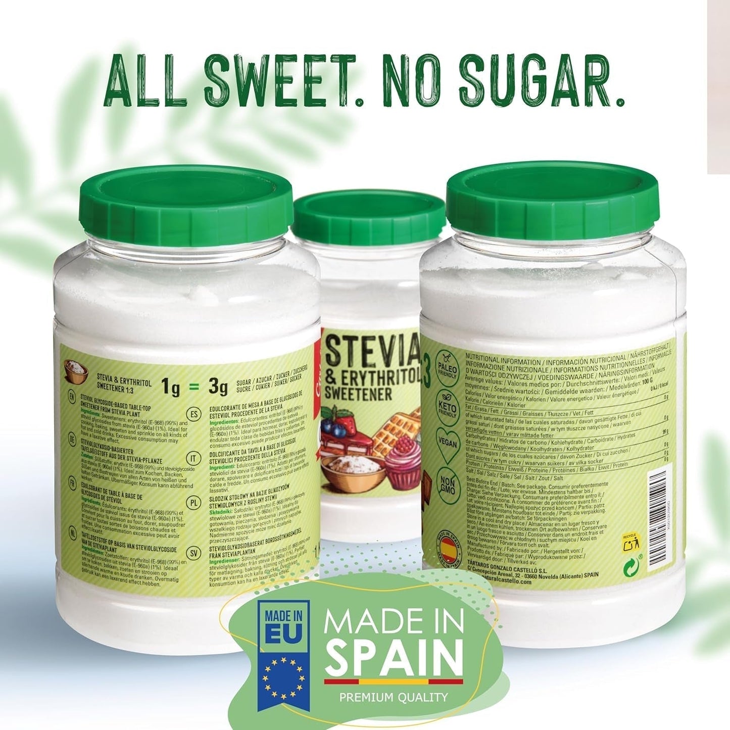 Stevia + eritritolo 1:3 sostanza nutriente | 1G = 3GZucker | 100% Zuckerersatz naturale - 0 Kalorien - 0 Glykämischer Index - Keto und Paleo - 0 Netto-Kohlenhydrated - Kein GVO - Castello since 1907-1 Kg Dolcificanti Naty Shop