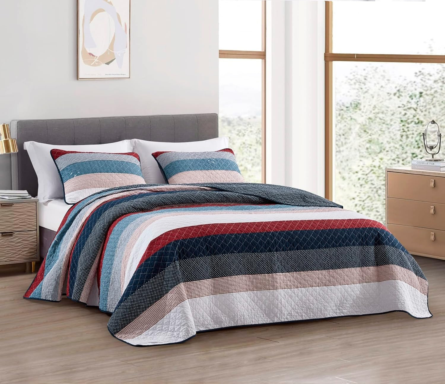 Collezione Chezmoi Addy Set trapunta patchwork in cotone prelavato leggero reversibile per tutte le stagioni oversize 3 pezzi blu navy bianco grigio tortora Trapunte e trapunte scozzesi Naty Shop Patchwork moderno a pois