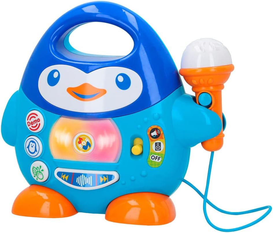 Lettore musicale karaoke WinFun, design pinguino, con luci lampeggianti ed effetti eco, in blu, stile giocoso, connessione USB Baby Toys Naty Shop