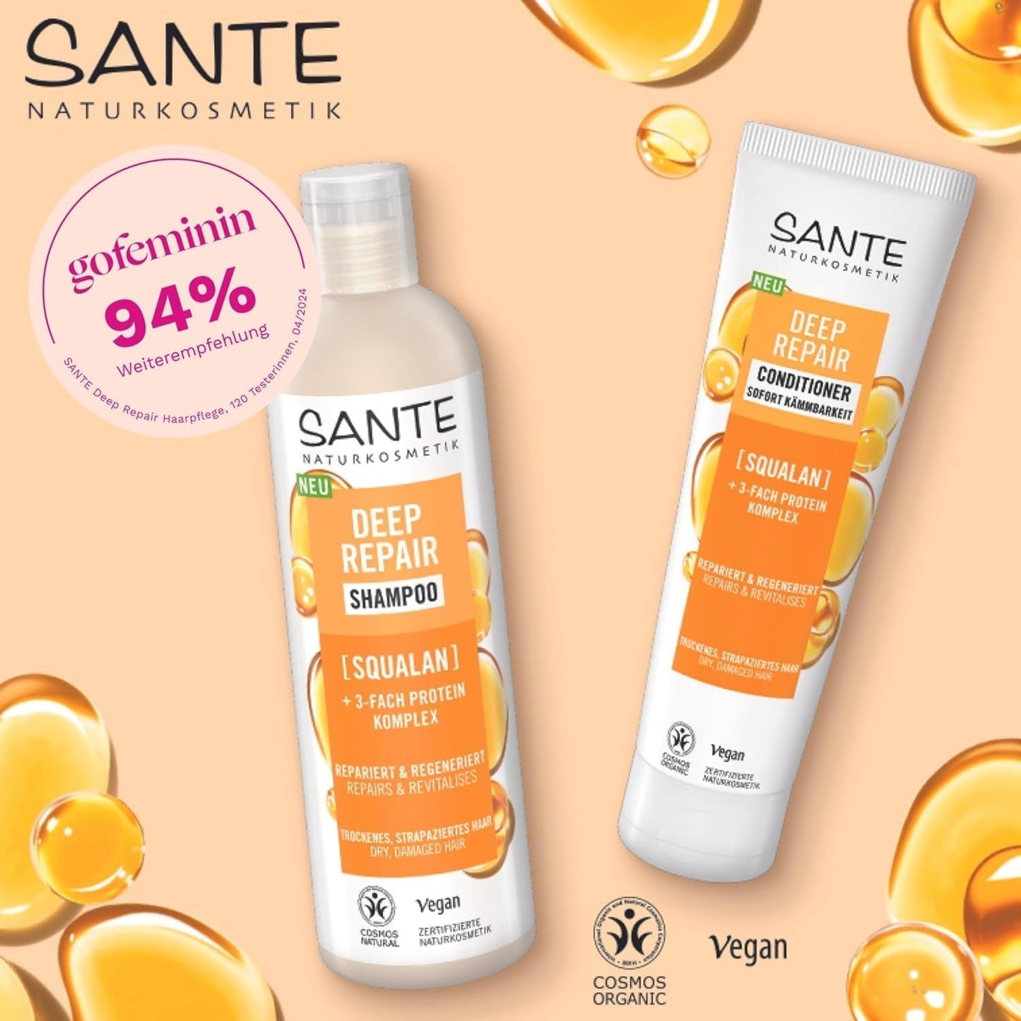 SANTE Natural Cosmetics Deep Repair Mask Squalane + 3x complesso proteico, maschera per capelli vegana per idratazione intensa e capelli flessibili, ripara e rigenera i capelli danneggiati, 150 ml Naty Shop Hair Mask