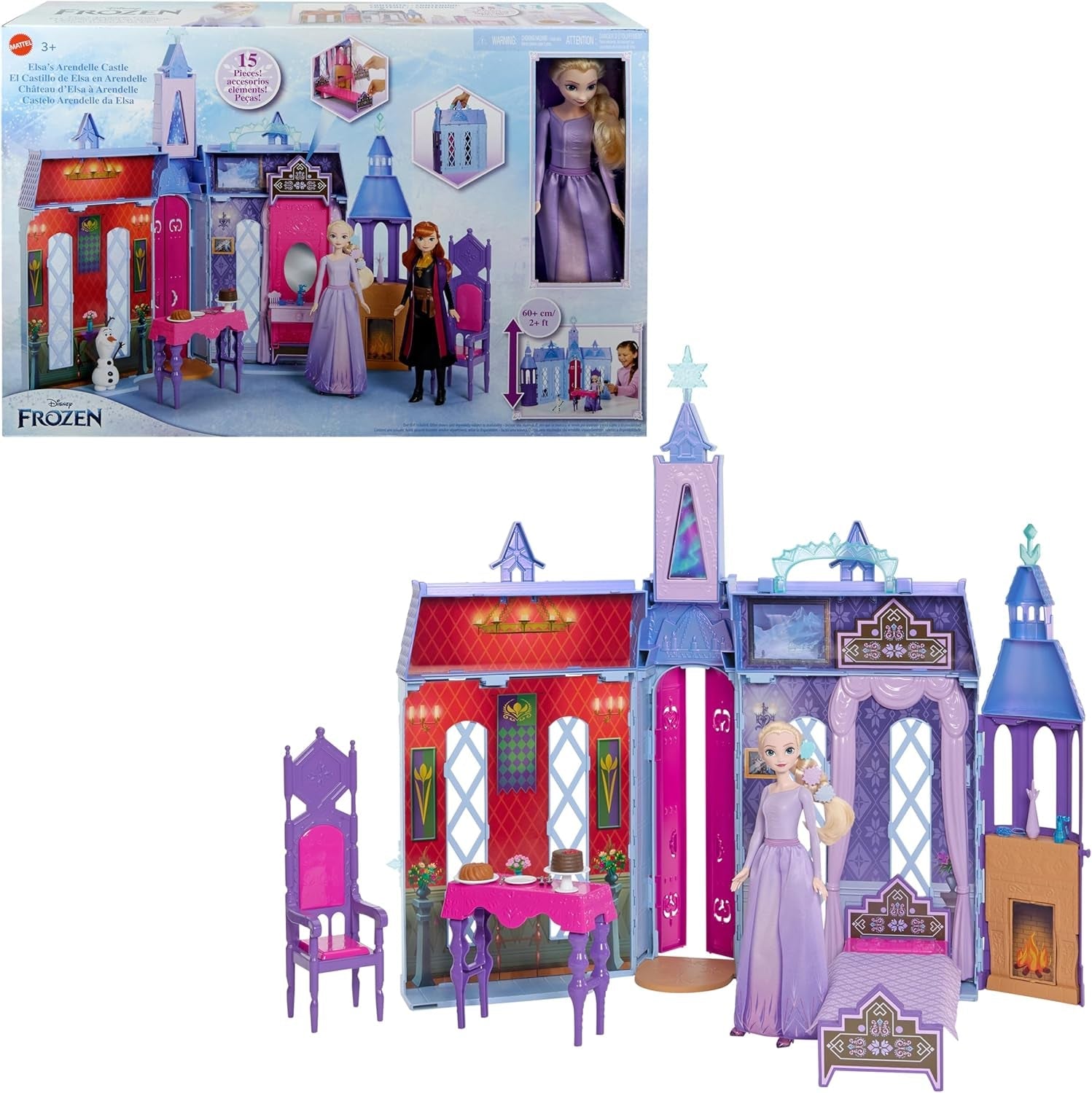 Mattel Disney Frozen - Casa delle bambole Castello Arendelle (60 cm+) con la bambola Elsa, 4 parchi giochi e 15 mobili e accessori Disney Frozen II, HLW61