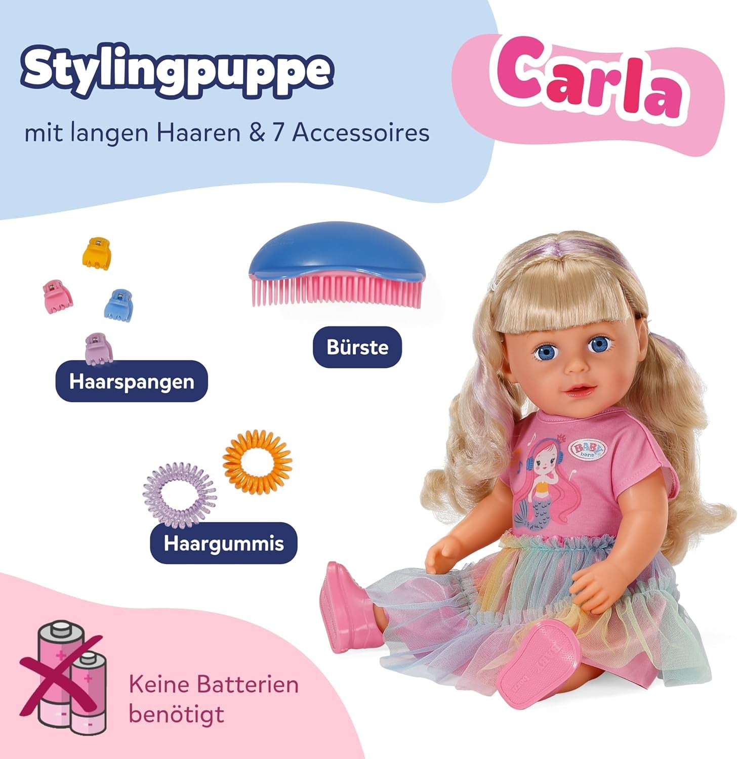 BABY nata Carla - bambola da 43 cm - capelli biondi con ciocche di alta qualità - non sono necessarie batterie - adatta per bambini dai 4 anni in su - include 7 accessori, rosa