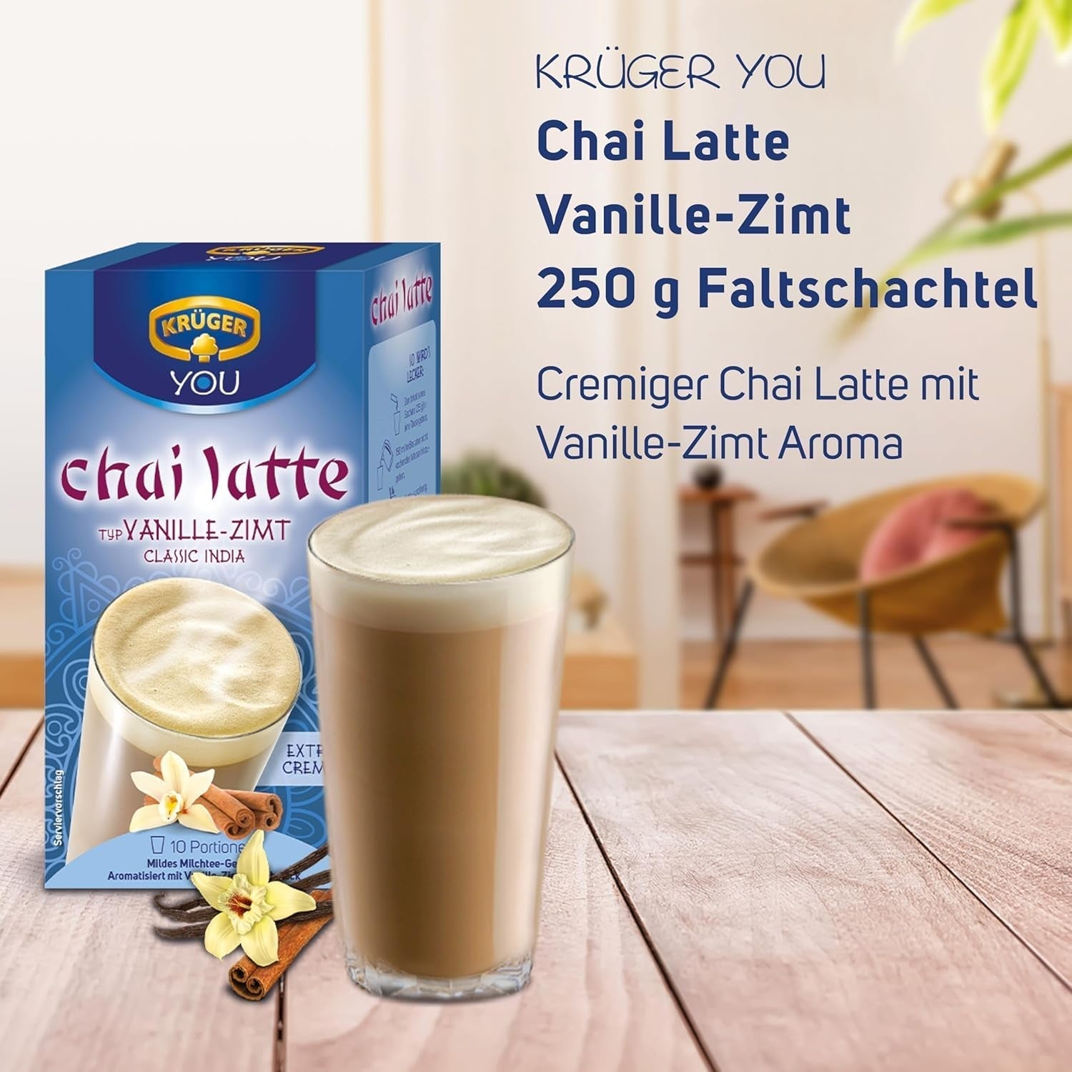 KRÜGER YOU Chai Latte Vanilla Cinnamon, preparato istantaneo per bevande a base di latte, aromatizzato con vaniglia e cannella, 250 g (10 buste da 25 g)