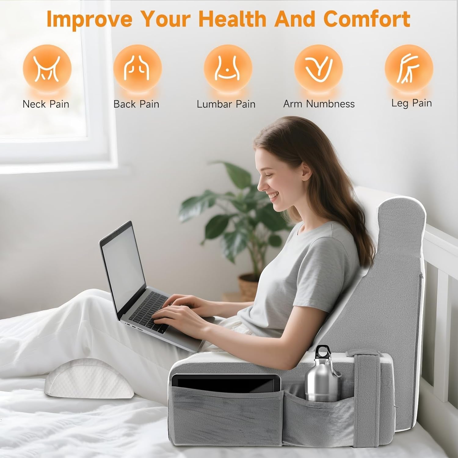 Ampio cuscino da lettura con supporto per collo e braccioli removibili, cuscino schienale per letto, cuscino schienale ergonomico con bracciolo, tasca e fodera lavabile per leggere e guardare la TV.