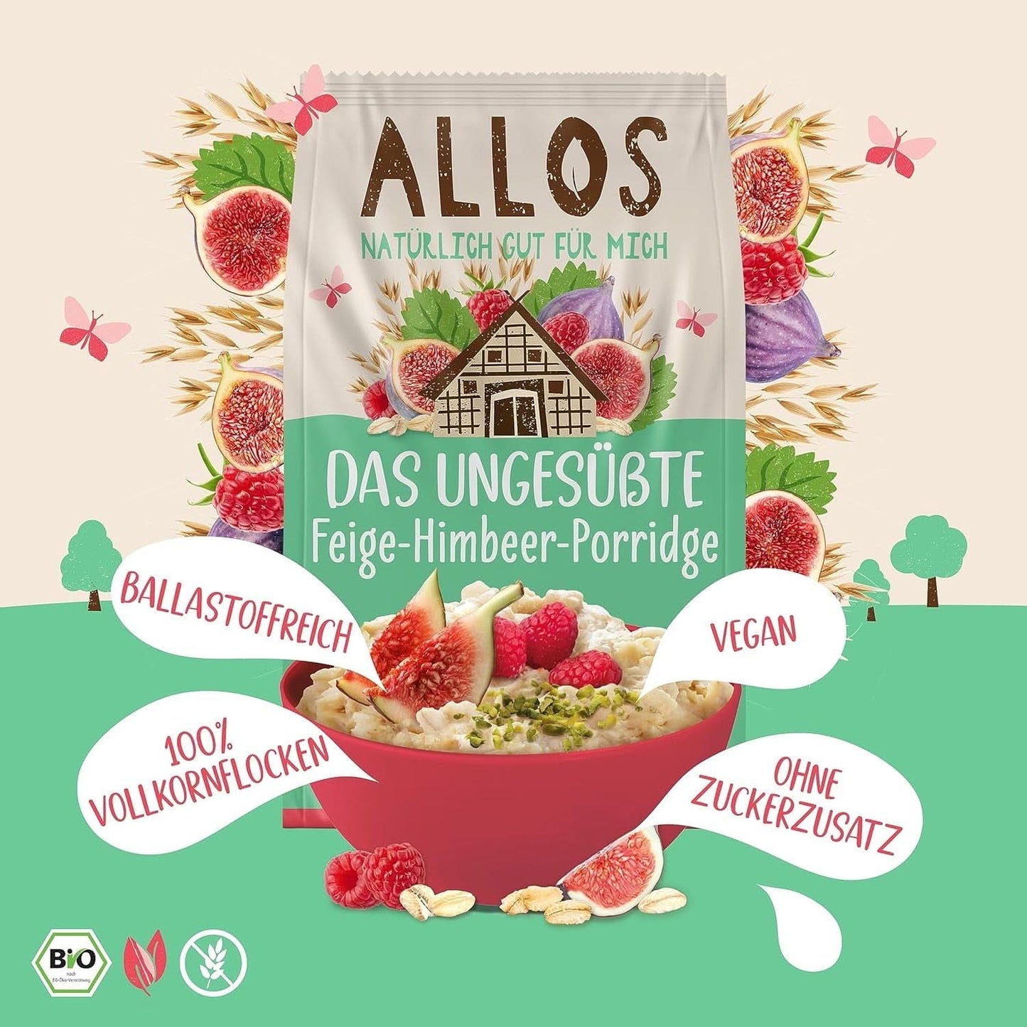 Allos Porridge di fichi e lamponi non zuccherato, Set 6 x 500 grammi Cereali Naty Shop
