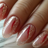 24 pezzi breve stampa sulle unghie glitter dorati unghie finte colla su unghie adesive turbinio rosso set unghie acriliche accessori donna
