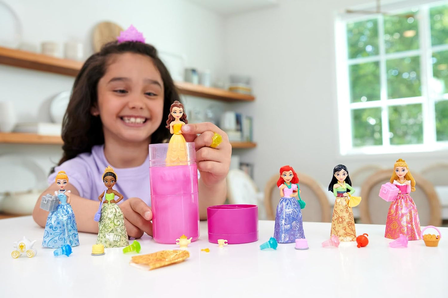 Disney Princess Color Reveal - 6 bambole a sorpresa attivate dall'acqua, accessori, per bambini dai 3 anni in su, Ariel, Tiana, Mulan, Cenerentola, Belle, Aurora, HPX39