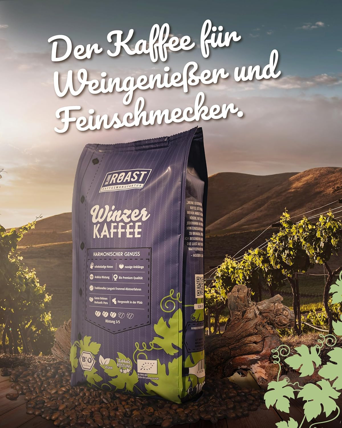 Blank Roast - BIO Winzer Kaffee 1000g - schonend mit Pfälzer Rebholz geröstet - ganze Kaffee-Bohnen aus Perù - 100% Arabica Röstung - schokoladig & nutig - säurearm