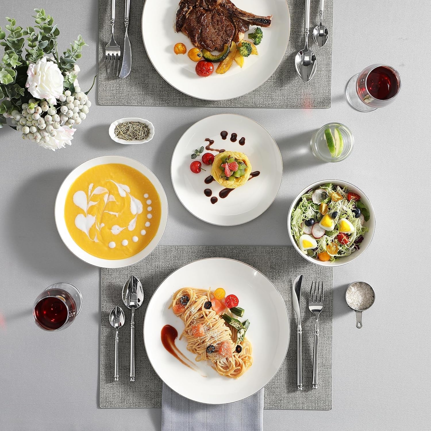 MALACASA Servizio Piatti 4 Persone Bone China Servizio Piatti 16 Pezzi Rotondo Bianco con Bordo Oro Set Combinato di 4 Piatti Piani 4 Piatti Dessert 4 Piatti Suma e 4 Ciotole per Cereali Serie NORI
