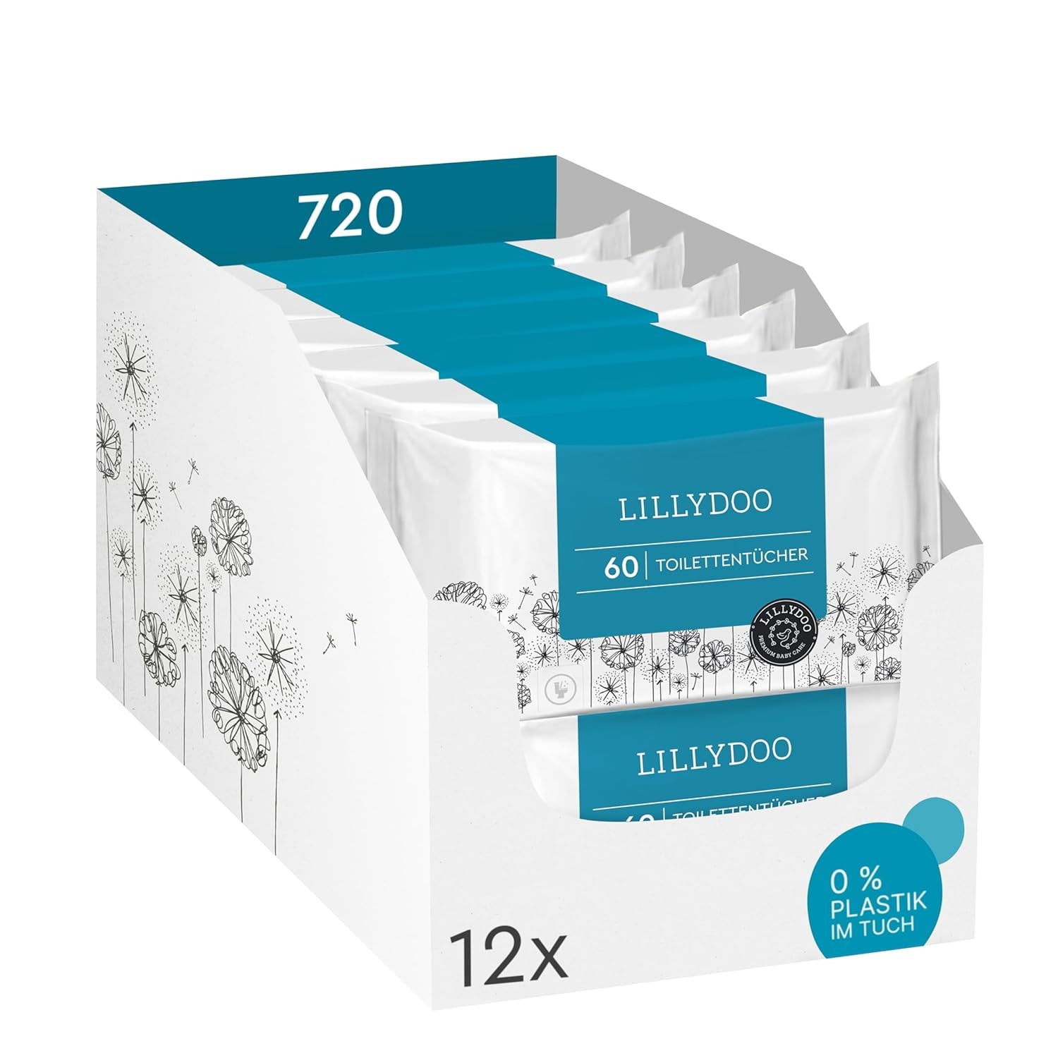 LILLYDOO Salviette umidificate per toilette 720 pezzi (12 x 60) Salviette lavabili senza plastica al 100% Senza profumo