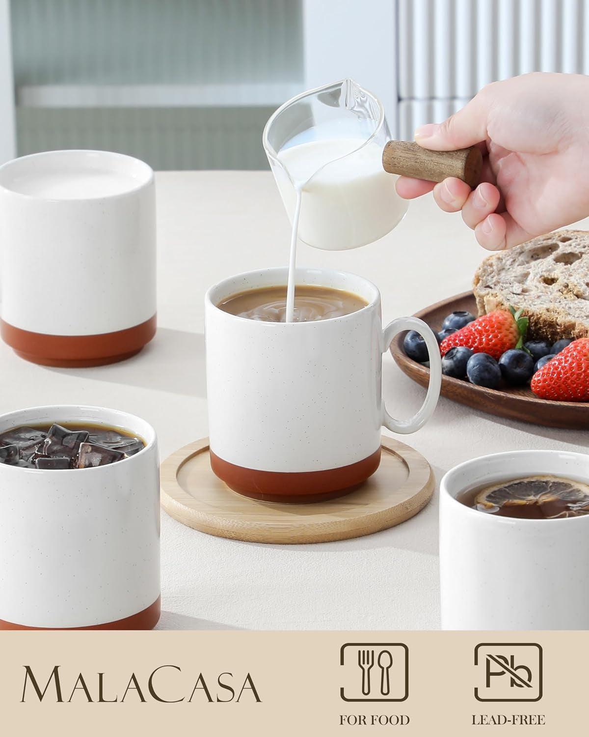 Set tazze da caffè MALACASA, set di tazze in gres da 350 ml per 4 persone, tazze da caffè moderne per tè, succo di frutta, latte, cappuccino, cioccolata calda. Lavabile in lavastoviglie e adatta al microonde, serie TARA, bianco kaki