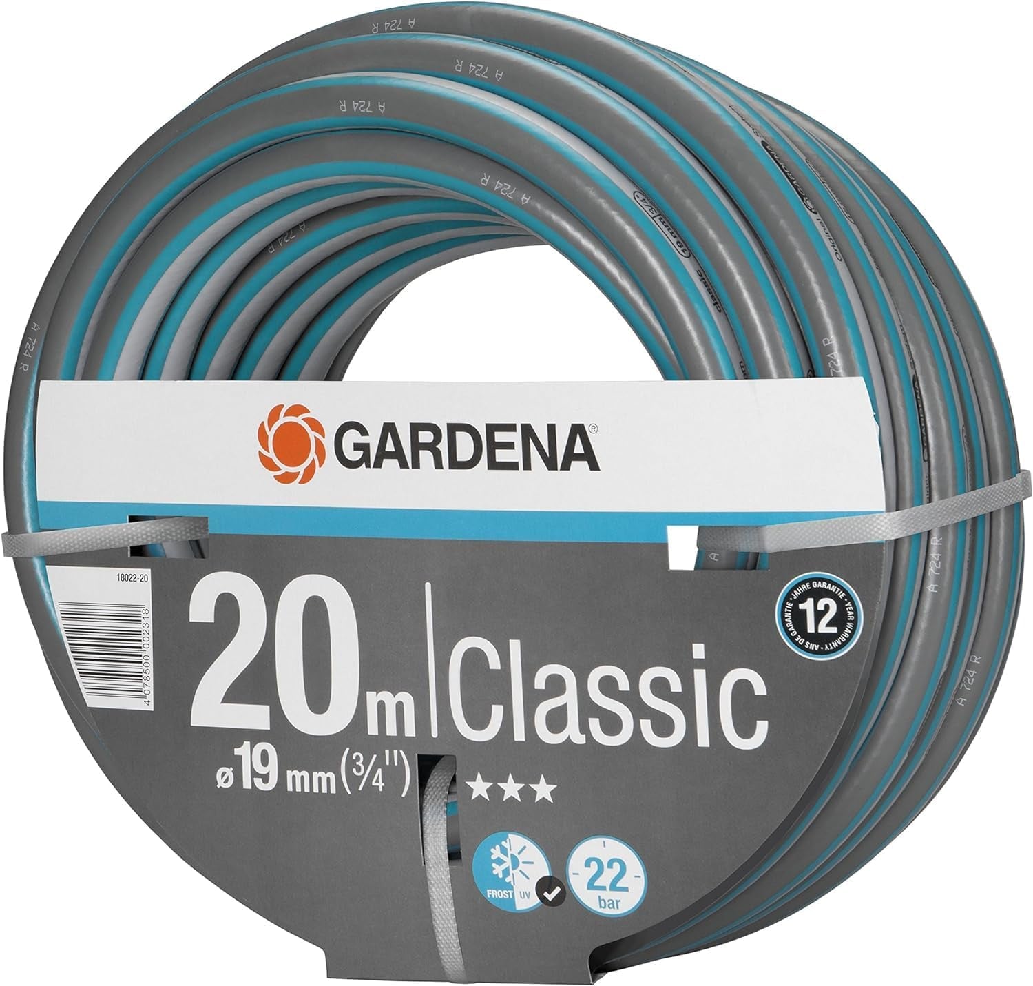 Tubo Gardena Classic 19 mm (3/4 pollici), 20 m: Tubo da giardino universale in tessuto robusto, intrecciato, pressione di scoppio 22 bar, resistente ai raggi UV, nessun componente di sistema, 12 anni di garanzia (18022-20)