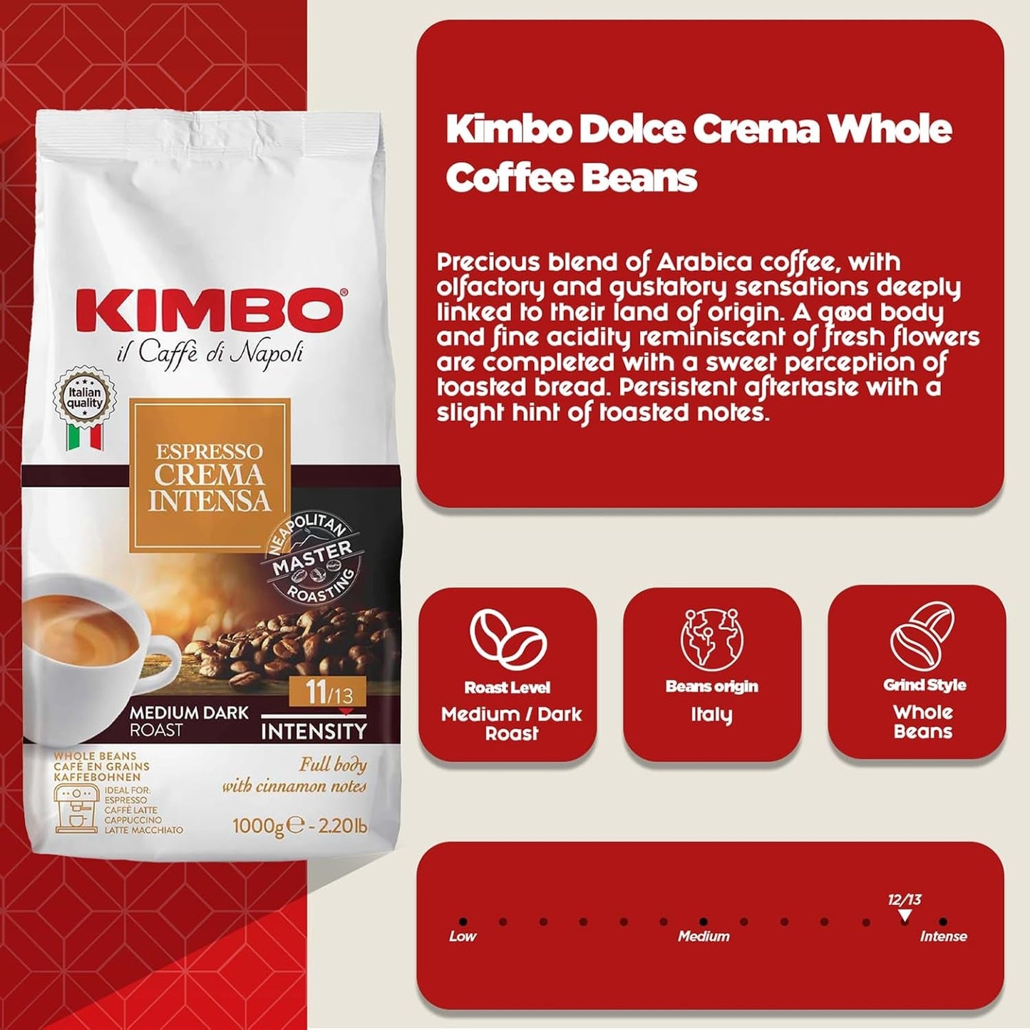 Espresso Crema Intesa, 6 caffè in grani x 1 kg, miscela corposa e intensa, intensità 11/13, tostatura media, 6 confezioni da 1 kg cad.