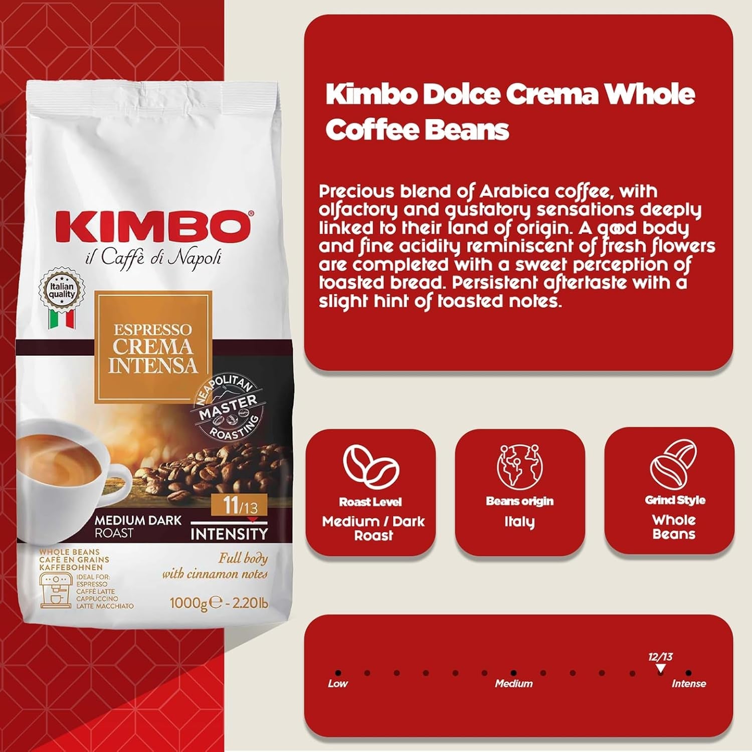 Espresso Crema Intesa, 6 caffè in grani x 1 kg, miscela corposa e intensa, intensità 11/13, tostatura media, 6 confezioni da 1 kg cad.