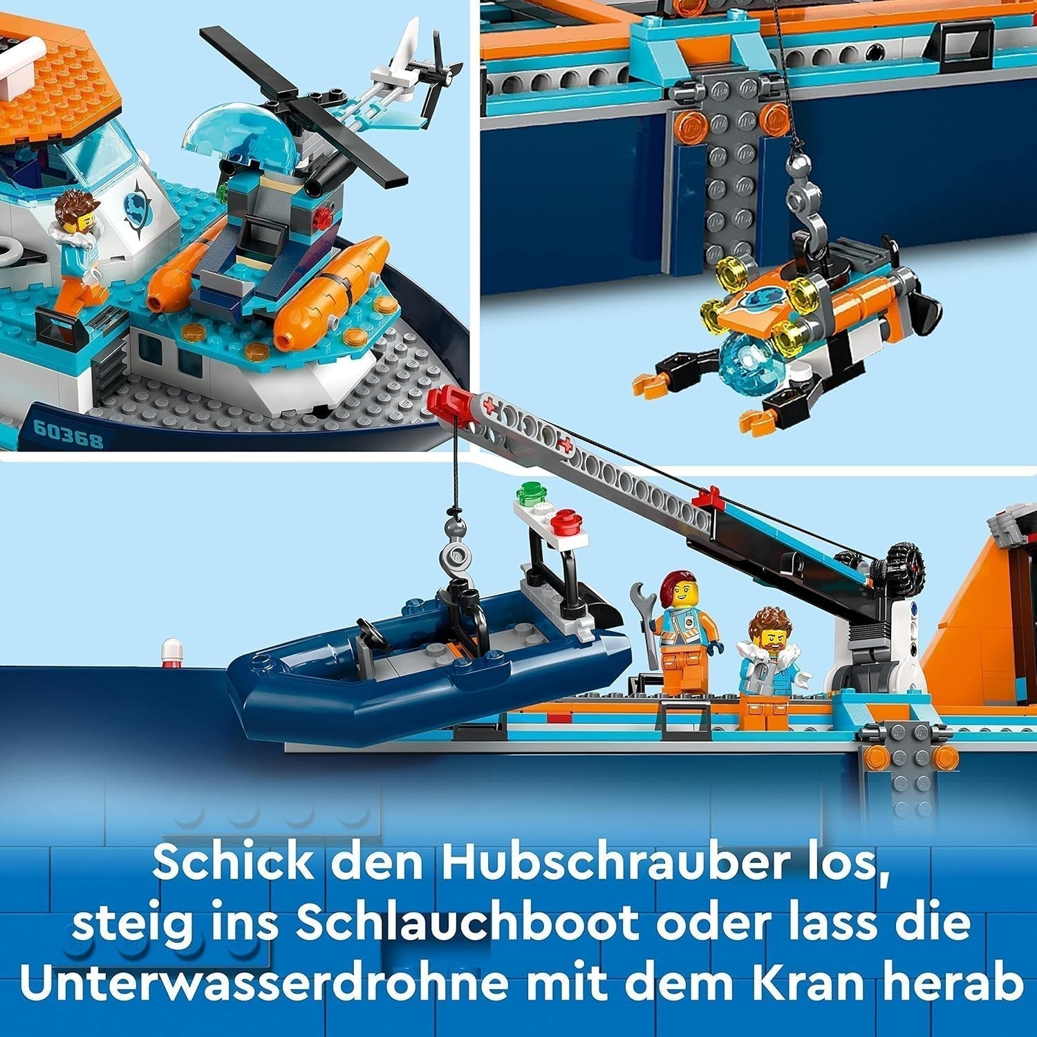 LEGO City Nave da ricerca artica, grande barca giocattolo galleggiante con elicottero, gommone, sottomarino Rov, relitto vichingo, 7 minifigure e figura dell'orca, regalo per bambini dai 7 anni in su 60368 Set da costruzione Besuche den LEGO-Store