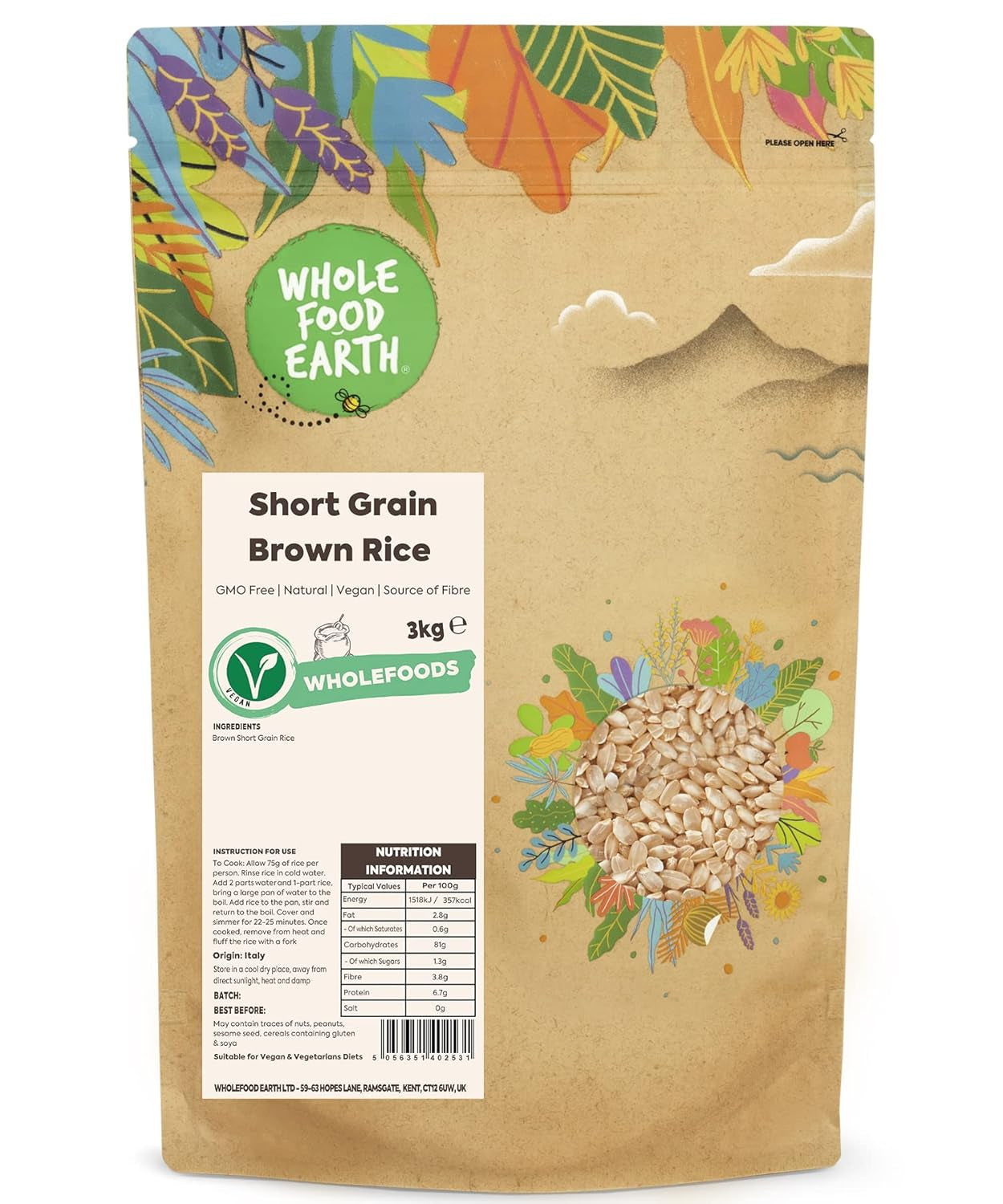 Riso integrale a chicco corto Wholefood Earth - non OGM - naturale - vegano - senza latticini - senza zuccheri aggiunti, 3 kg