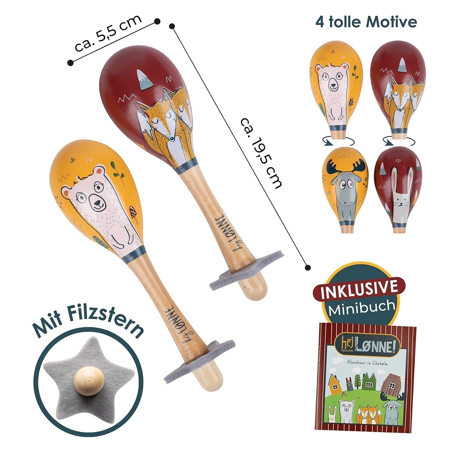 HEJ LØNNE set di 2 campane di legno - Maracas per bambini - strumento musicale in legno per promuovere le capacità motorie, la coordinazione e il comportamento sociale - campana di legno per bambini - giocattolo per bambini Giocattoli Bebe Naty Shop