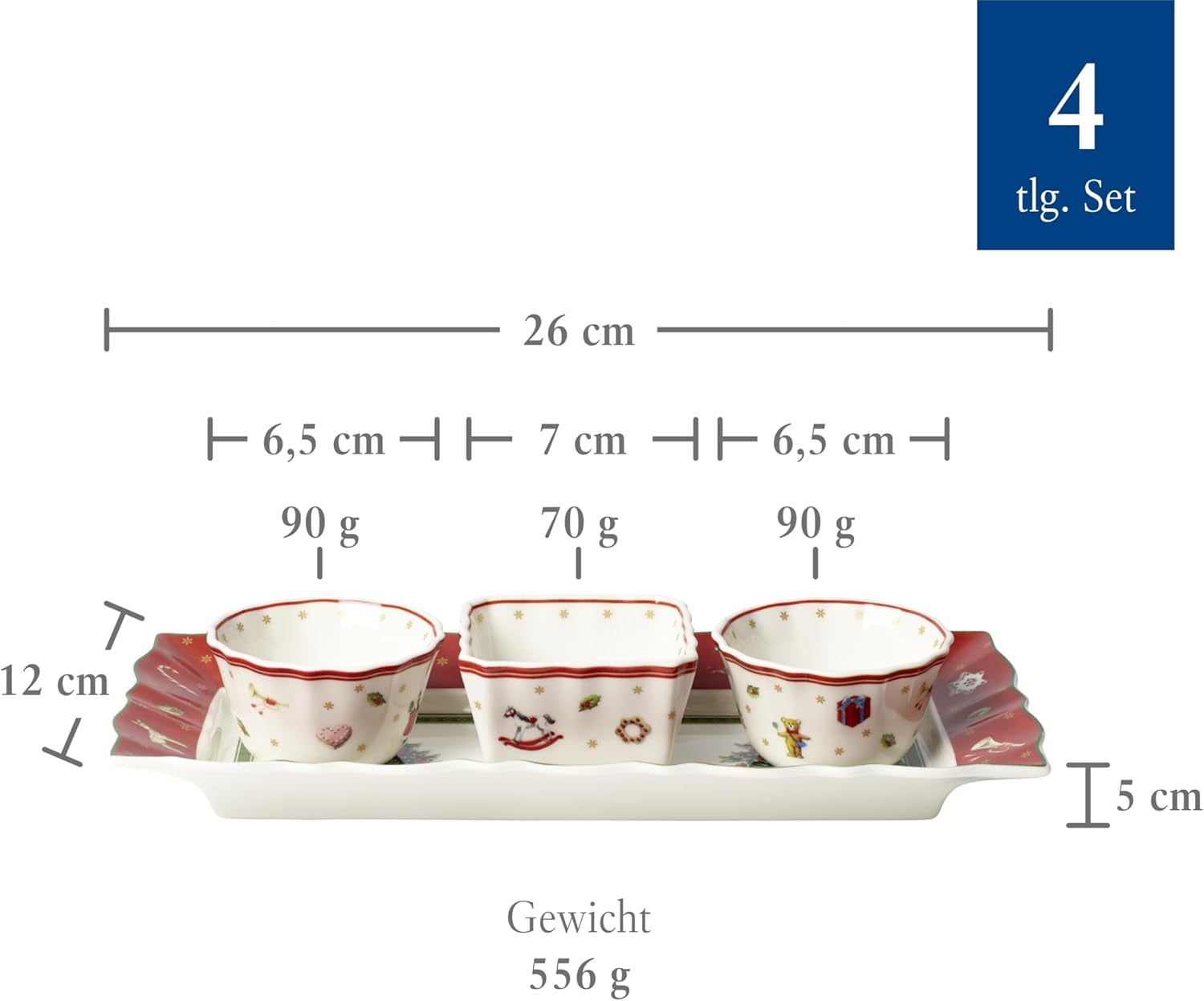 Villeroy & Boch - Toy's Delight Set per sughi, 4 pezzi, Piatto da portata con ciotole, Set di ciotole per sugo di Natale, Decorazione da tavola giocattolo, Vassoio da portata, Ciotole, Stoviglie natalizie, Porcellana Premium