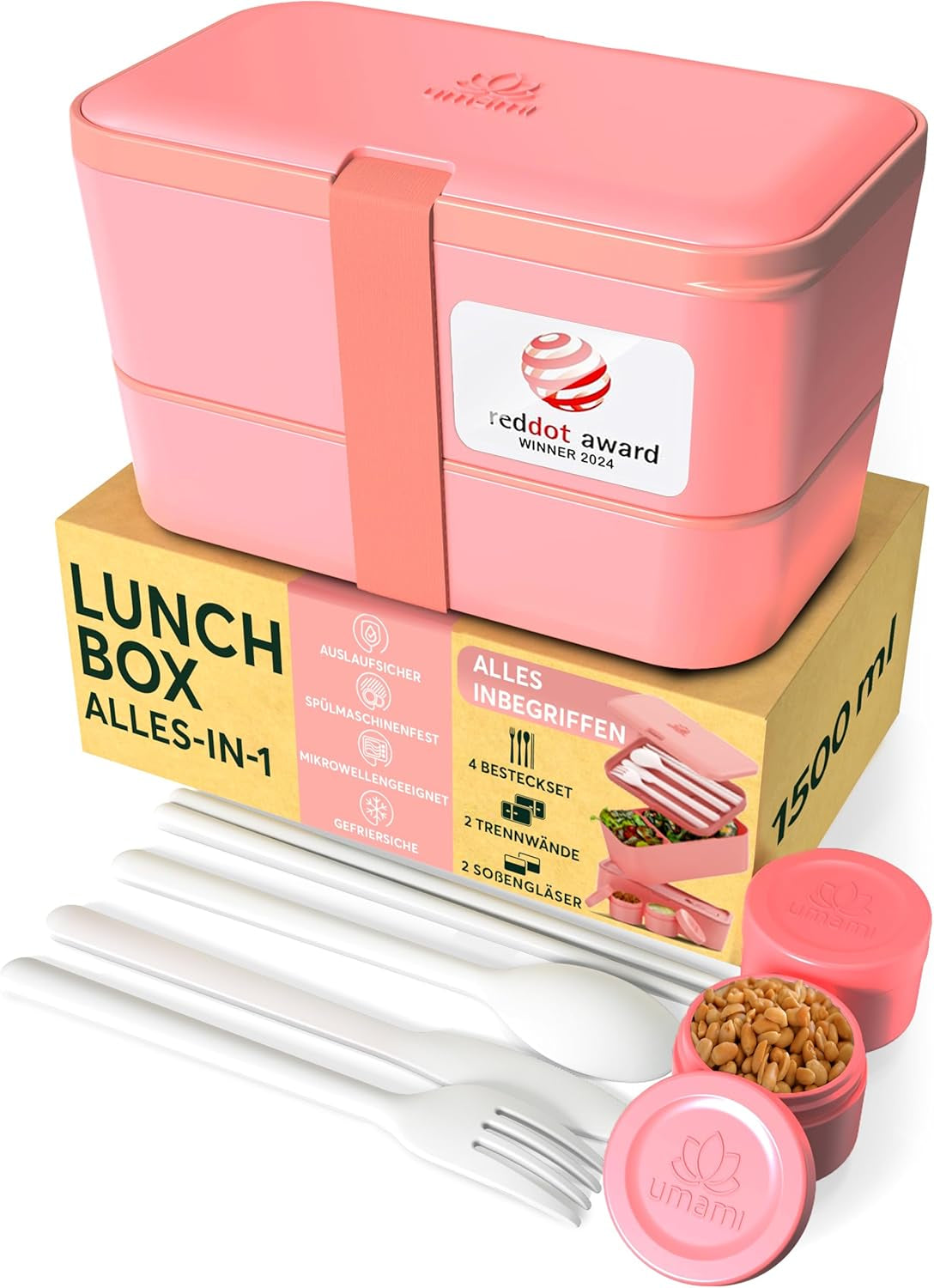 Portapranzo Umami per adulti, Bento Box impilabile a tenuta stagna con 4 posate e scomparti, Portapranzo per adulti, Contenitore per insalata da asporto, Portapranzo da picnic/ufficio, Grigio antracite, 1500 ml