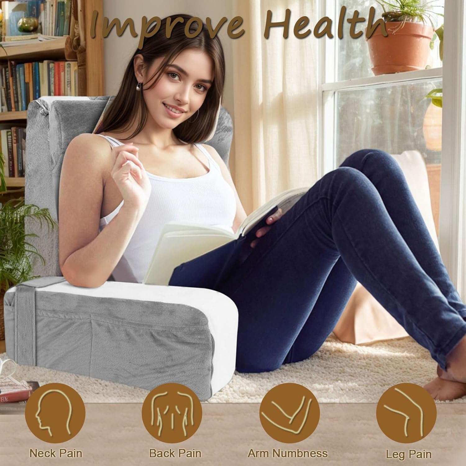 Cuscino da lettura grande per letto e divano, cuscino per la schiena per adulti con supporto per il collo e braccioli, cuscino per schienale ergonomico con tasca e fodera lavabile per riposare, leggere, guardare la TV (WH)