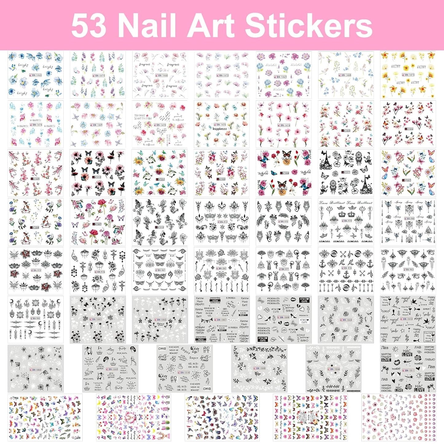 53 Blätter Nagelsticker, Set di pinsel e decorazioni per nail art, 15 pinsel, 5 penne a pois, Strasssteine, Blattgold Für Nagelkunst, Nagel Pailletten, Nagelkunstwerkzeuge e Dekorationssets