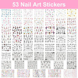 53 Blätter Nagelsticker, Set di pinsel e decorazioni per nail art, 15 pinsel, 5 penne a pois, Strasssteine, Blattgold Für Nagelkunst, Nagel Pailletten, Nagelkunstwerkzeuge e Dekorationssets