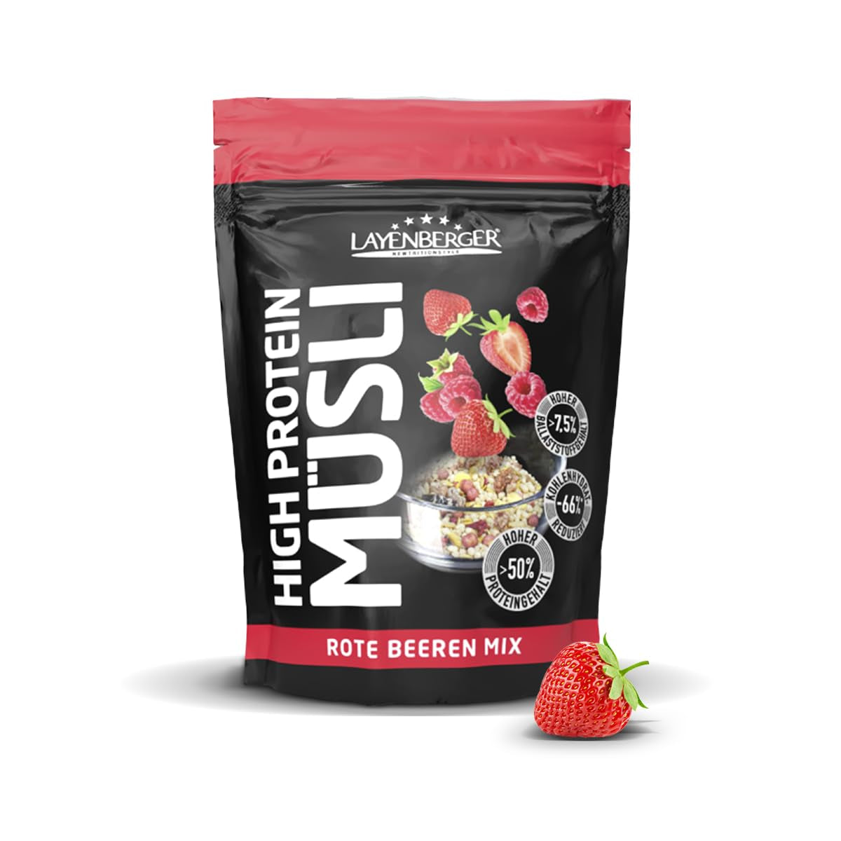 Layenberger 3K Muesli ad alto contenuto proteico, 50% Eiweiß e 18% Kohlenidrato - Confezione singola (1X 390 G) - Schoko-Nuss Cereale Naty Shop 360 G (1 confezione) Rote Beeren Mix