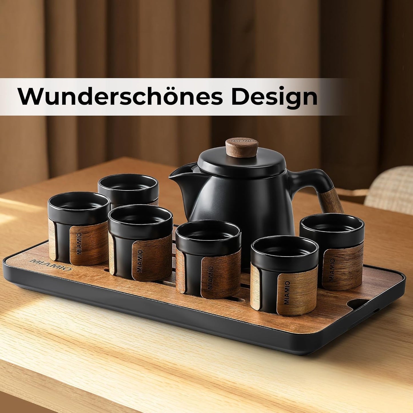 MIAMIO - Set da tè giapponese/cinese 6 x 100 ml / Teiera asiatica da 620 ml con infusore per il tè, set da teiera tradizionale giapponese per amanti del tè/uomini/donne (nero)