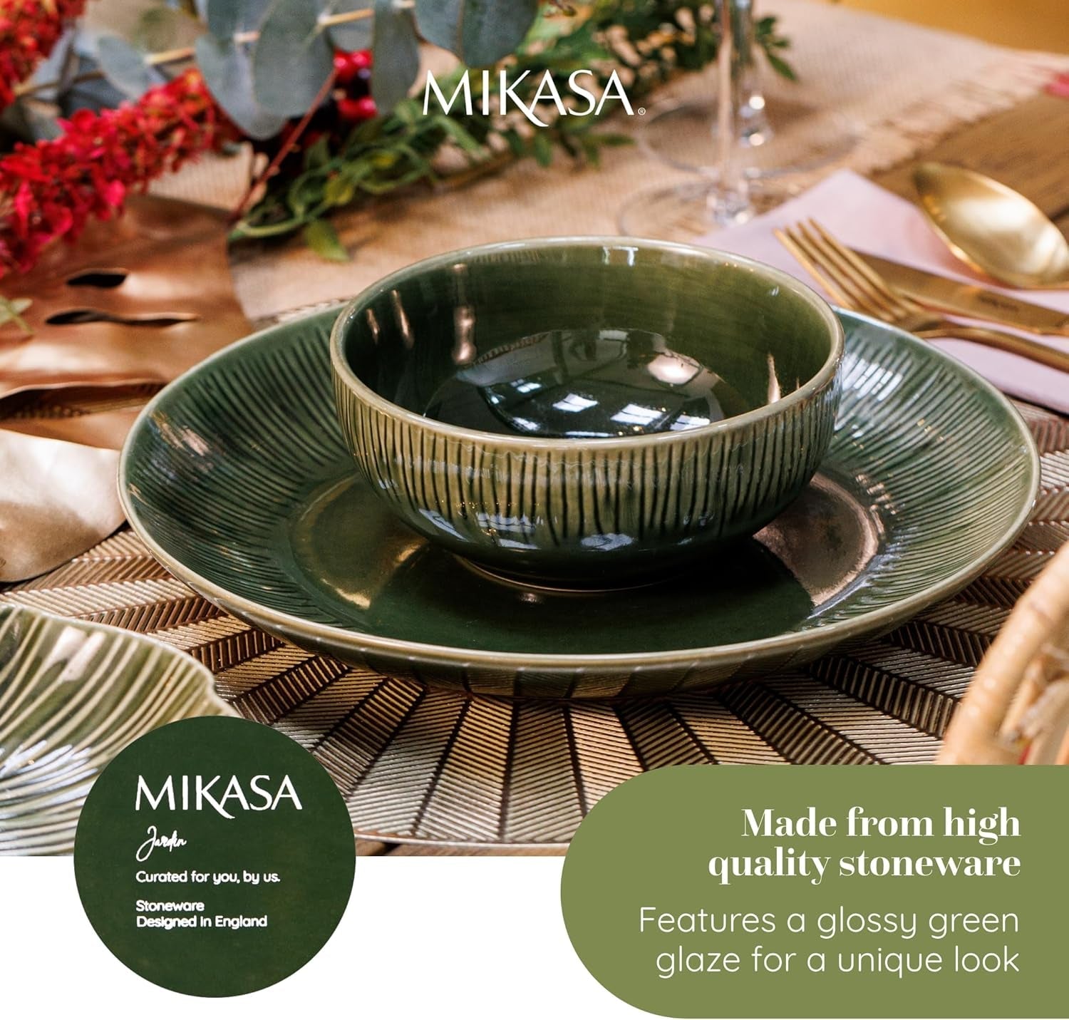 Mikasa Jardin Servizio Piatti 12 Pezzi, Servizio Piatti in Gres per 4 Persone con Piatti, Piattini e Ciotole, Verde - Confezione Regalo e Lavabile in Lavastoviglie