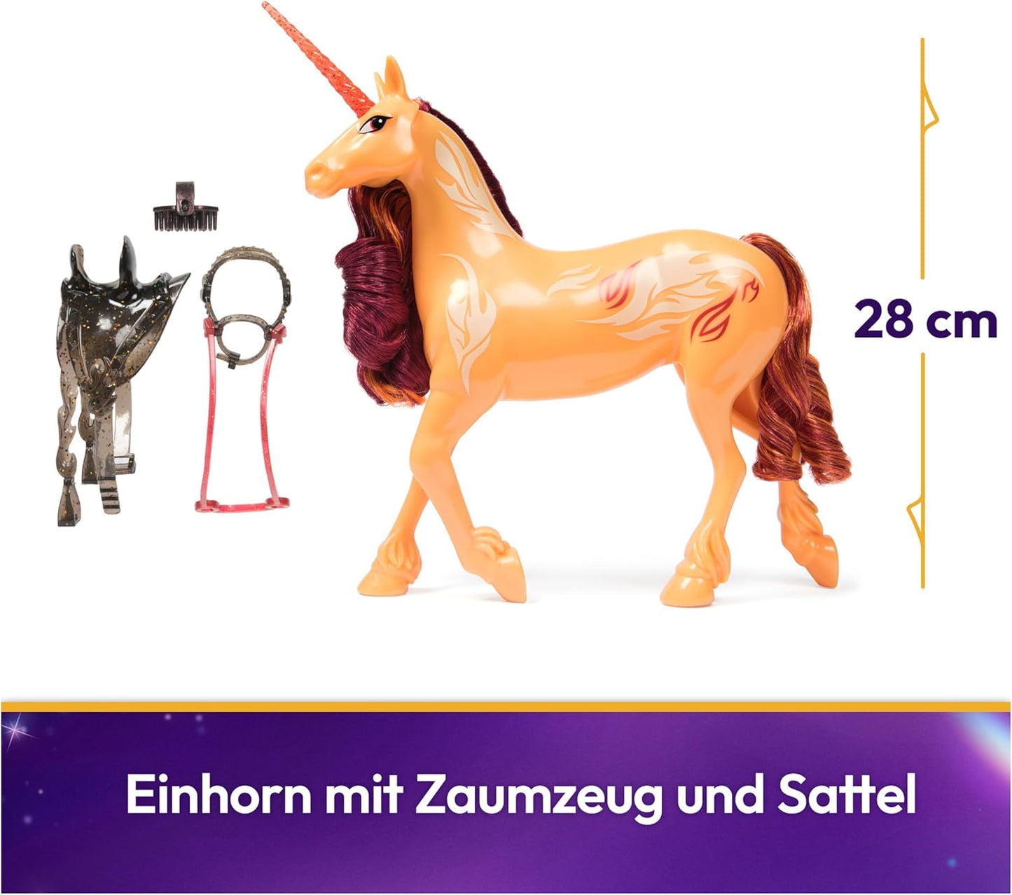Unicorn Academy Cinder l'Unicorno - Unicorno originale Valentina della serie Netflix alto 28 cm, con vera criniera e coda, briglie, sella e spazzola rimovibili, per bambini dai 4 anni in su
