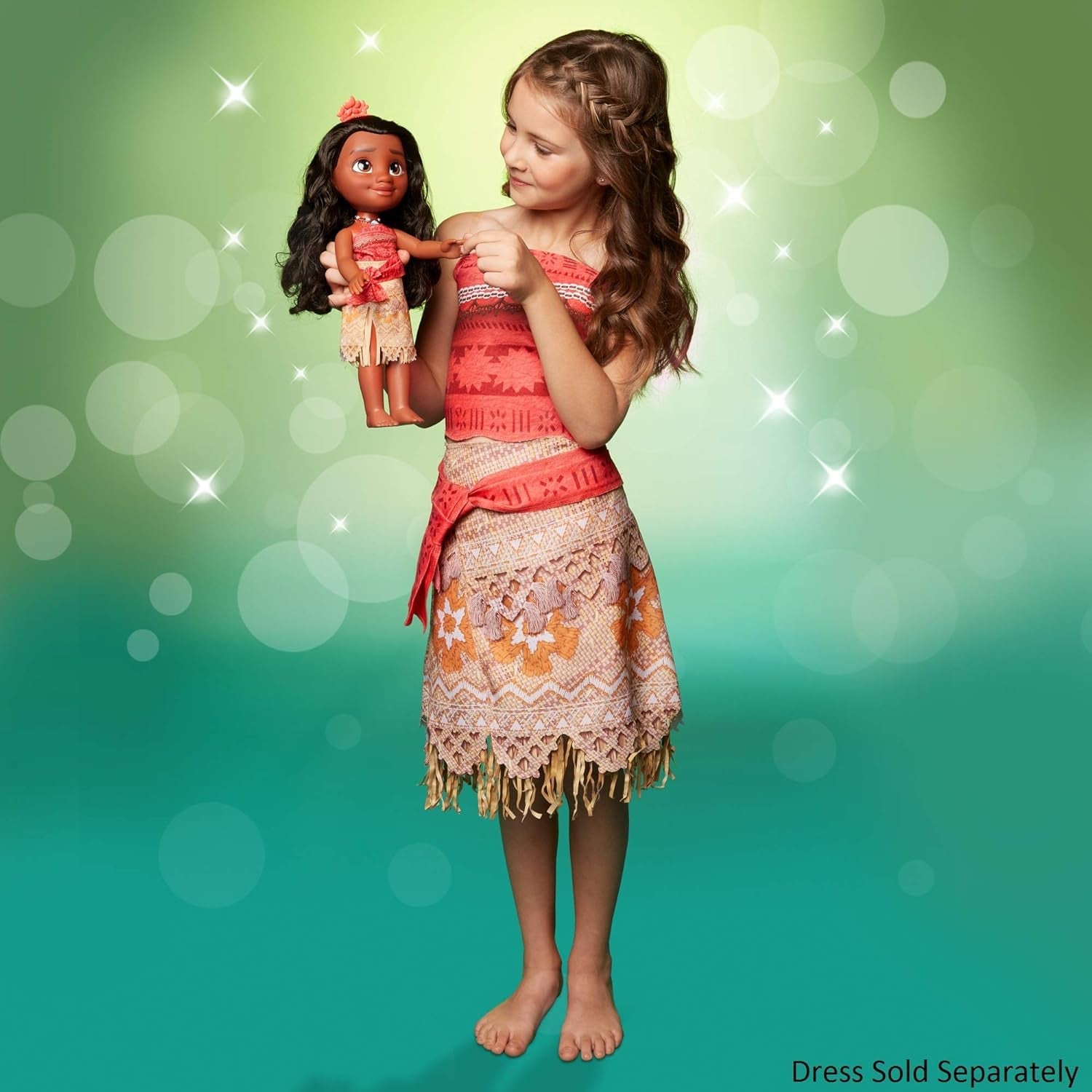 Disney Princess Moana bambola da 35 cm, occhi glitter riflettenti, articolazioni mobili, vestito staccabile, fermaglio floreale, capelli lunghi, per ragazze dai 3 anni in su