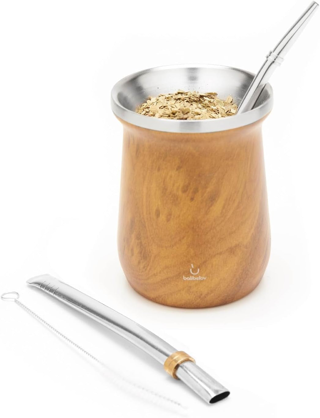 Set da tè Yerba Mate balibetov (tazza Mate) in acciaio inossidabile con bombilla (paglia) per mate, Set Yerba Mate facile da pulire e molto resistente (LEGNO)