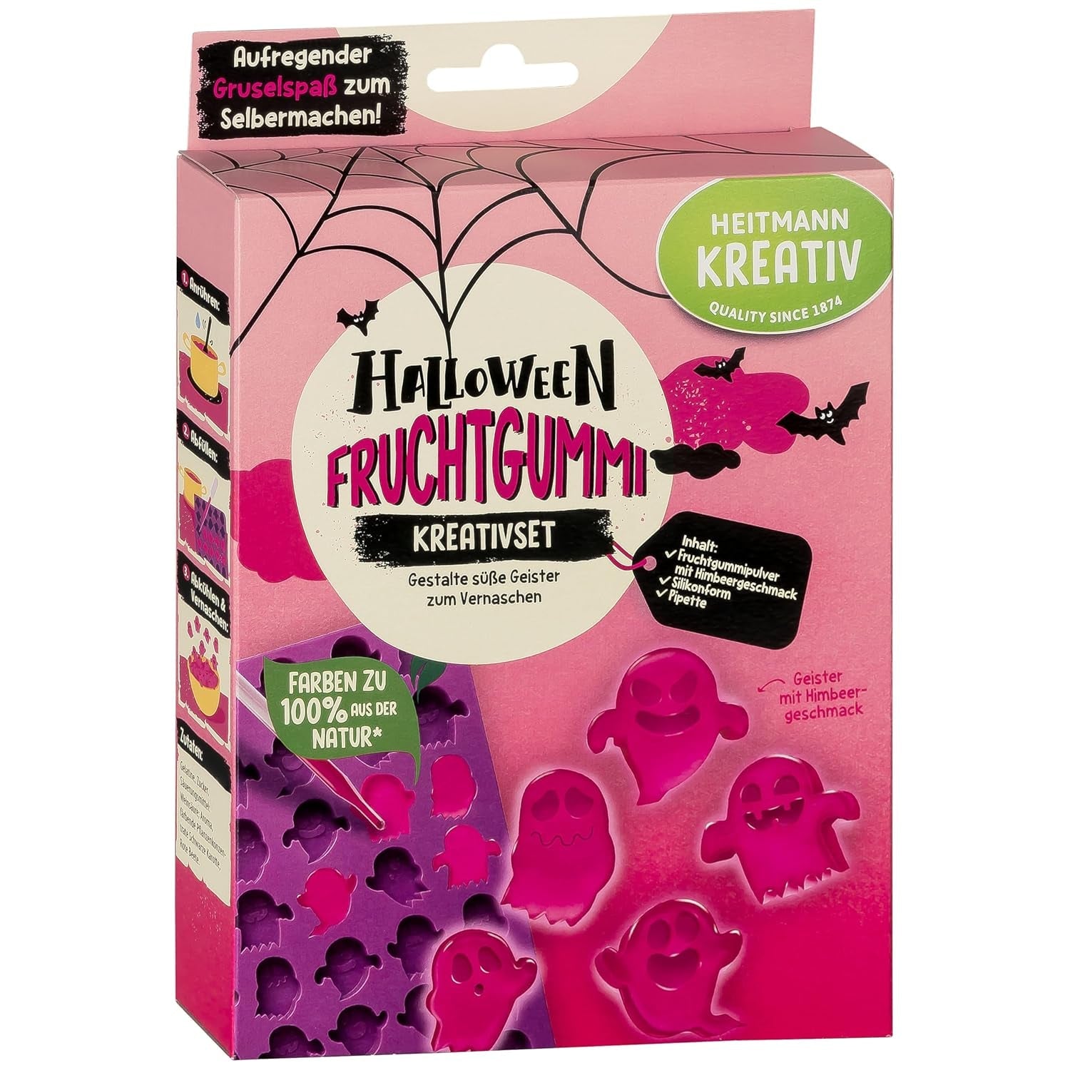 HEITMANN KREATIV - Set di gomme da masticare alla frutta creative per Halloween - Coloranti in polvere a base vegetale - Rosa - Gomme da masticare alla frutta a forma di fantasma fai da te al gusto di lampone